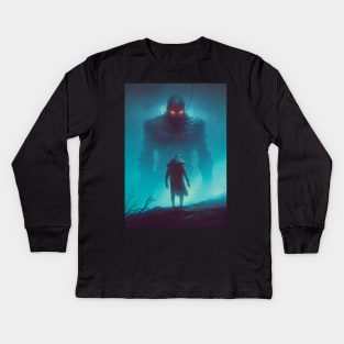 Giant in the Fog | Ominous Painting | Horror Fiction Art | Surrealism Artist | Dark Fantasy Style | Mysterious Giant in the Mist Kids Long Sleeve T-Shirt